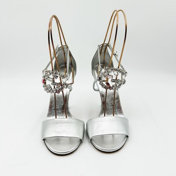 Gucci GG Crystal Metallic Silver Leather Sandals Heels EU 37 US 7 - Picture 2 of 14